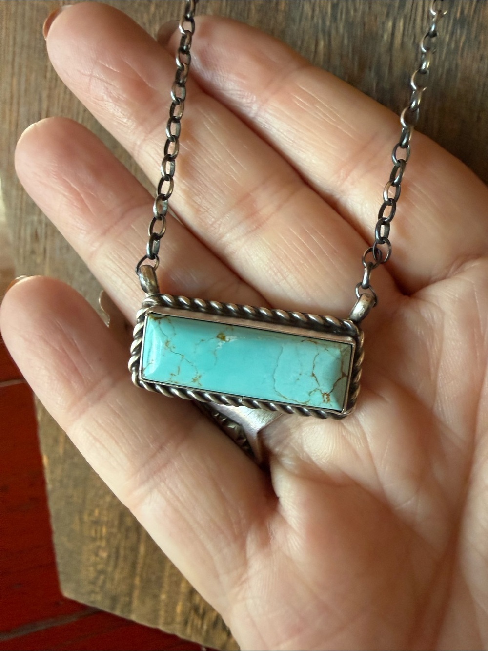 C. Belone Native Made Kingman Turquoise Sterling Silver Bar Necklace